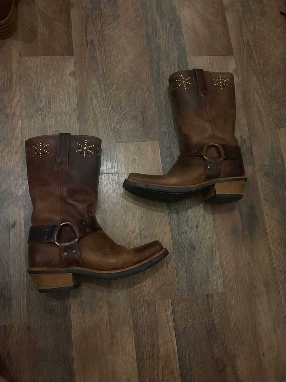 Frye Women’s Brown Leather Mid-Calf Harness Boots with Flower Stud Details